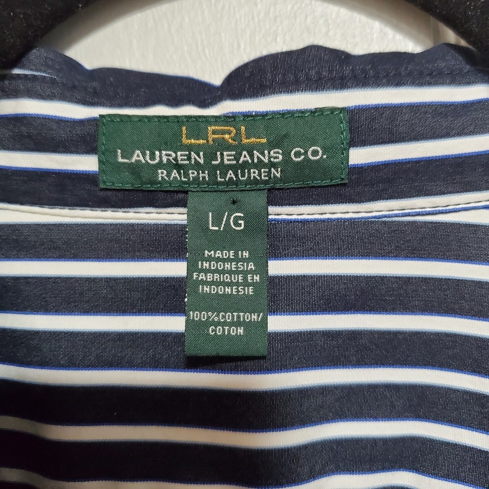 LRL Lauren Jeans Co Women Shirt Large Button Up Navy/White Stripe Nautical - Picture 5 of 14